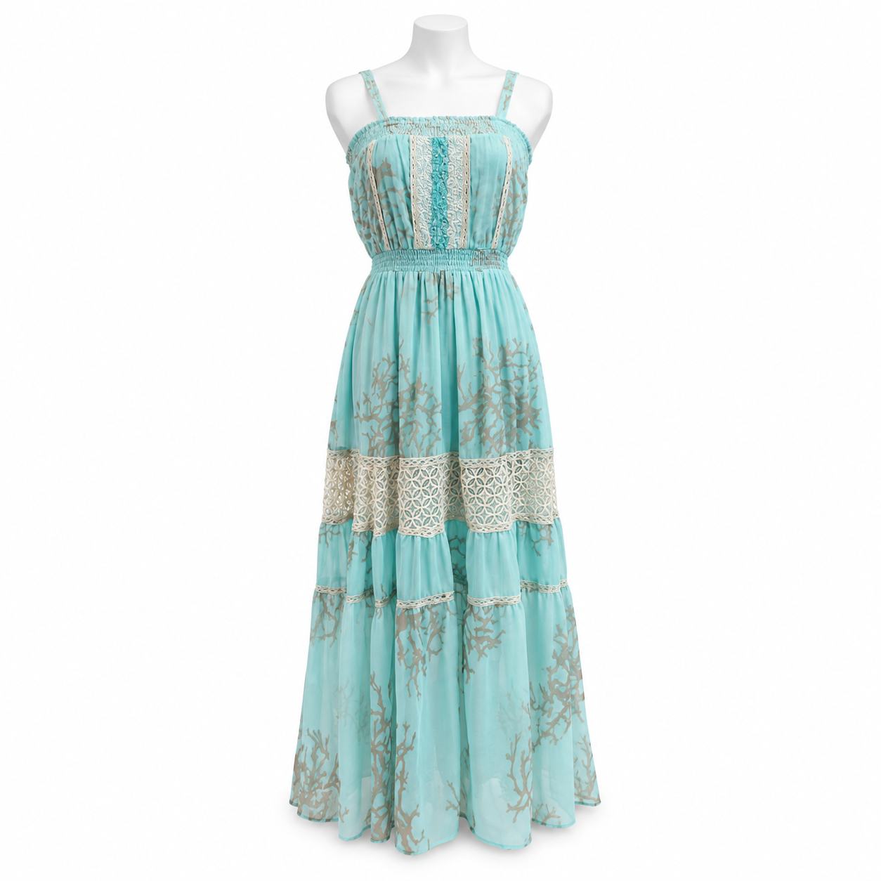 Style 10477 turquoise long dress on a white mannequin