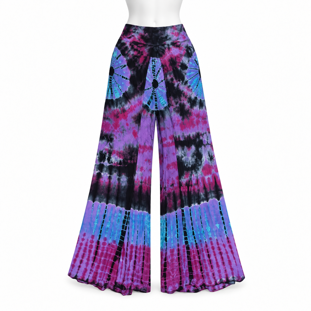 Style 10585 black purple and turquoise palazzo pants on a white mannequin