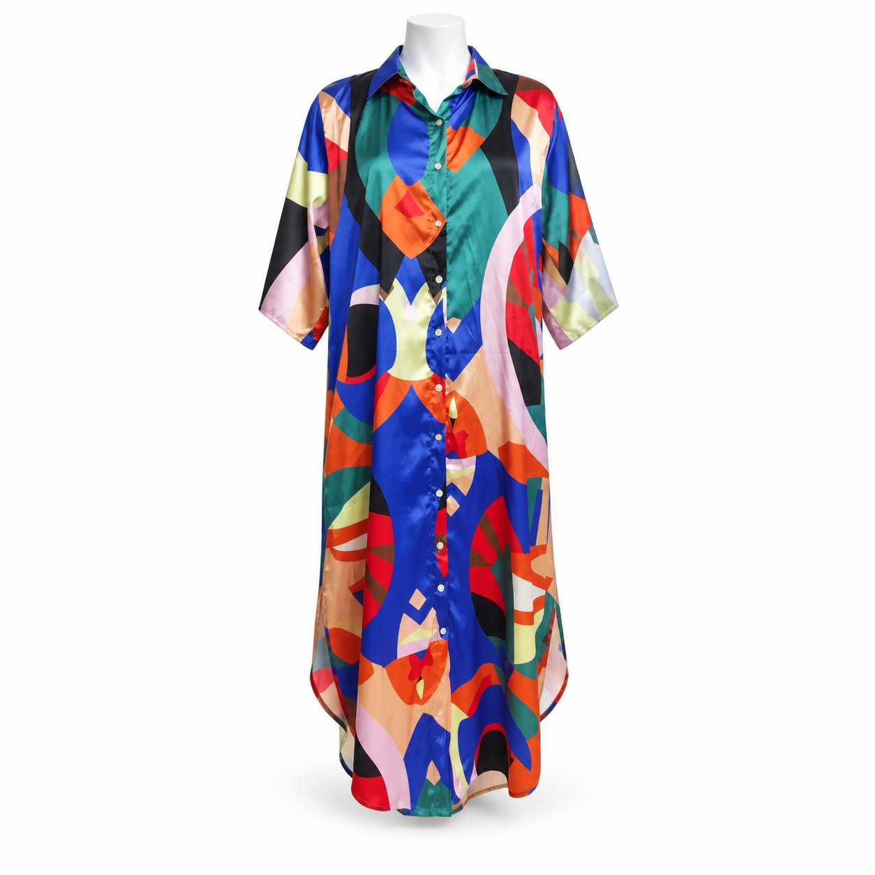 Style 10632 multicolor long shirt dress on a white mannequin