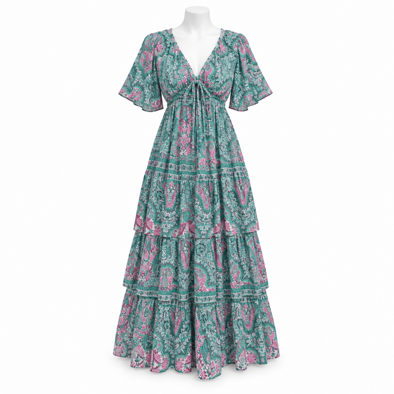 Style 10709 teal and pink long dress on a white mannequin