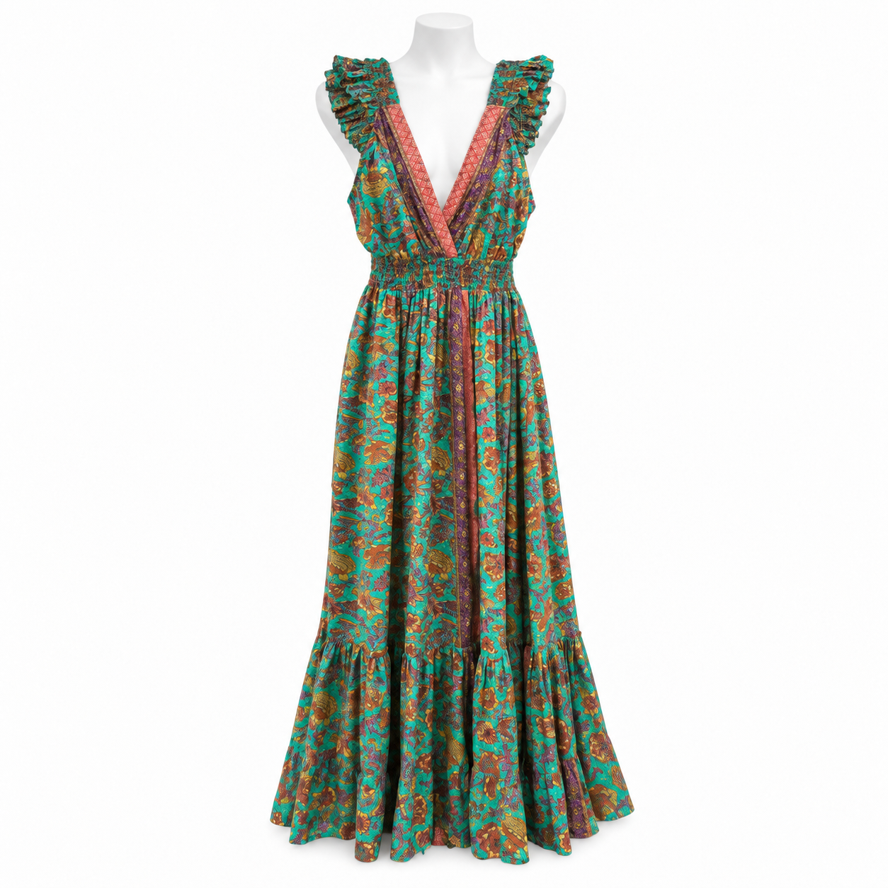 Style 10746 turquoise and multicolor long maxi dress on a white mannequin