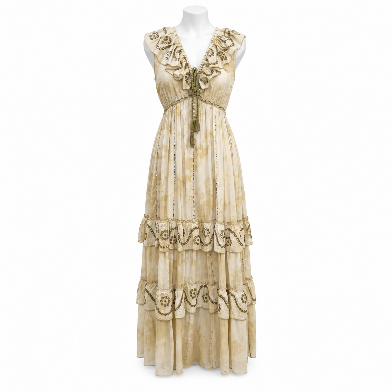 Style 10889 ivory beige and olive long maxi dress on a white mannequin