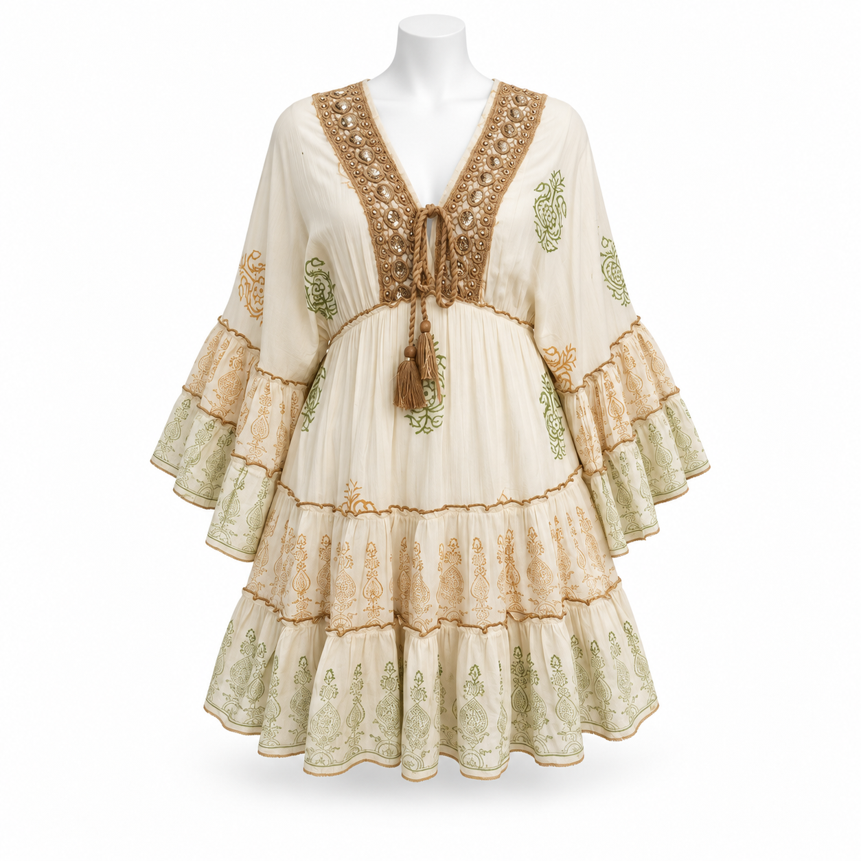 Style 10995 ivory olive and tan short dress on a white mannequin