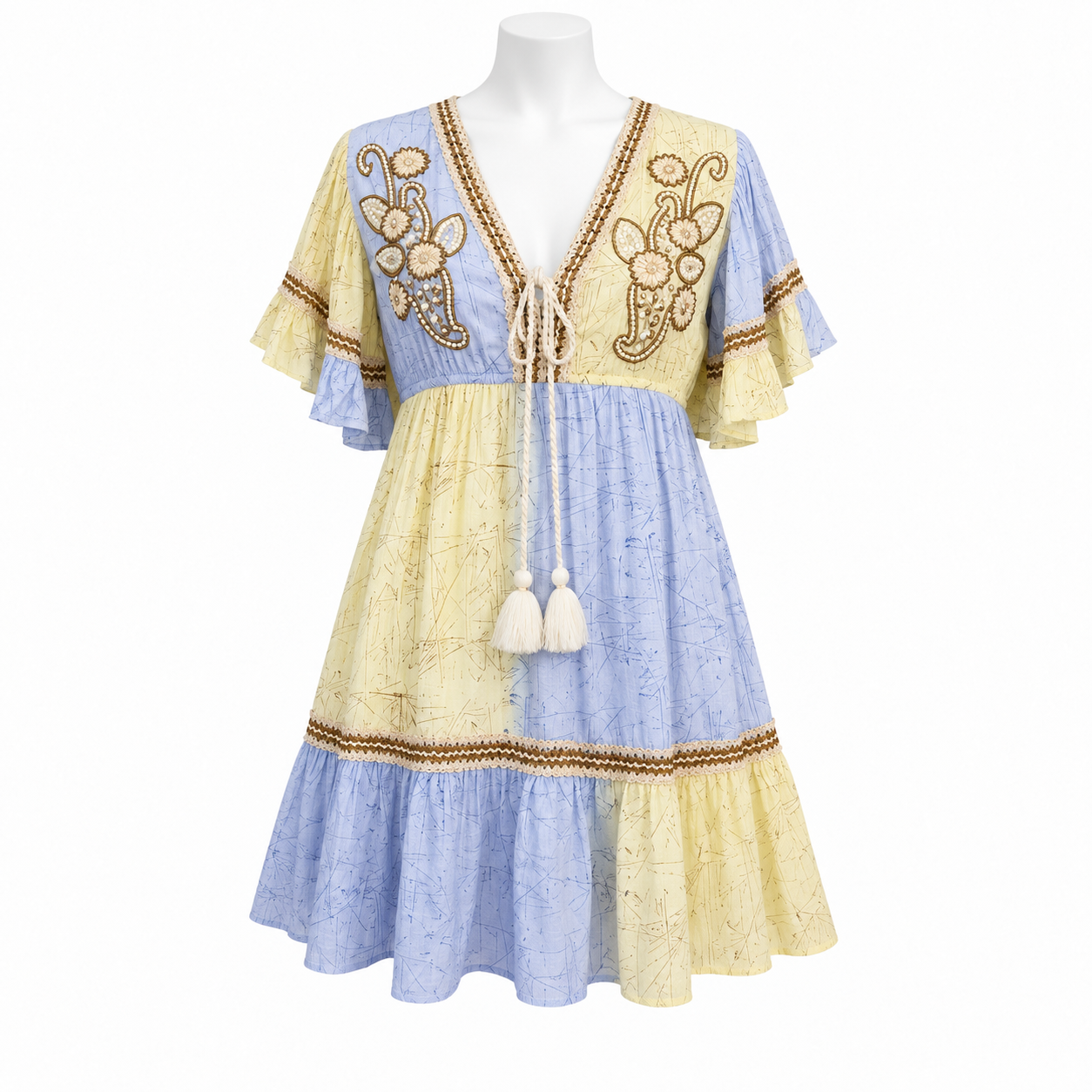 Style 11002 pale yellow and powder blue short dress on a white mannequin