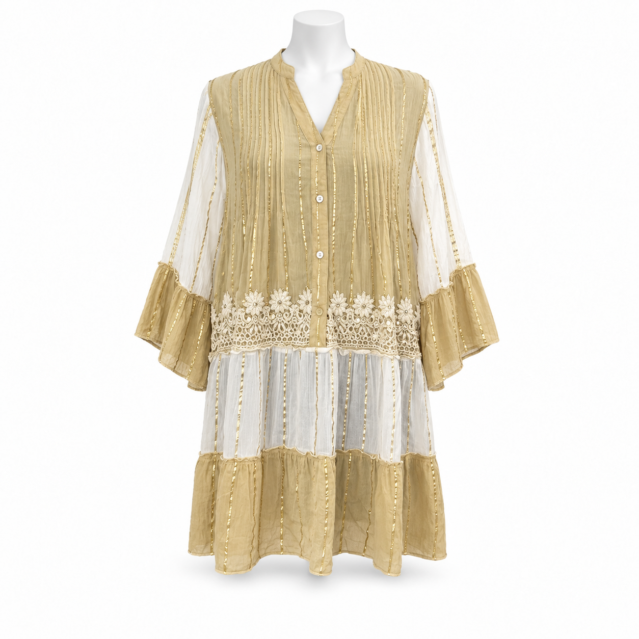 Style 11039 beige and white short dress on a white mannequin