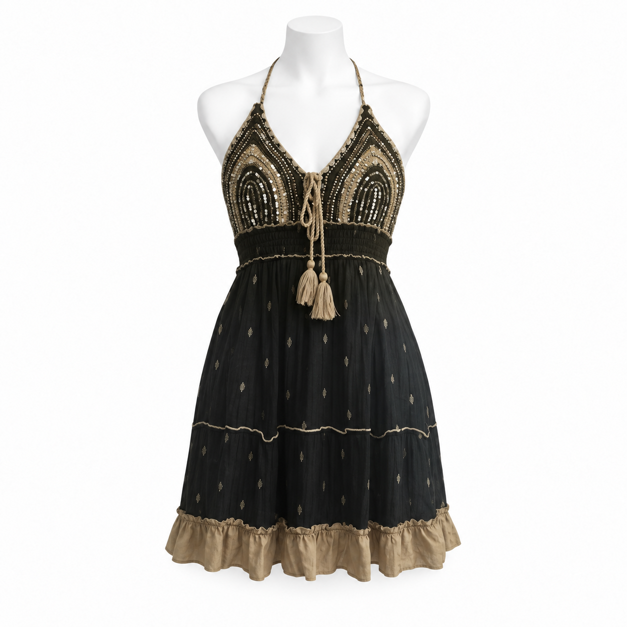 Style 11075 black beige and gold short halter dress on a white mannequin