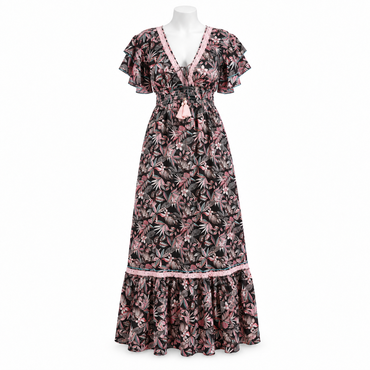 Style 11093 black pink white and teal long maxi dress on a white mannequin