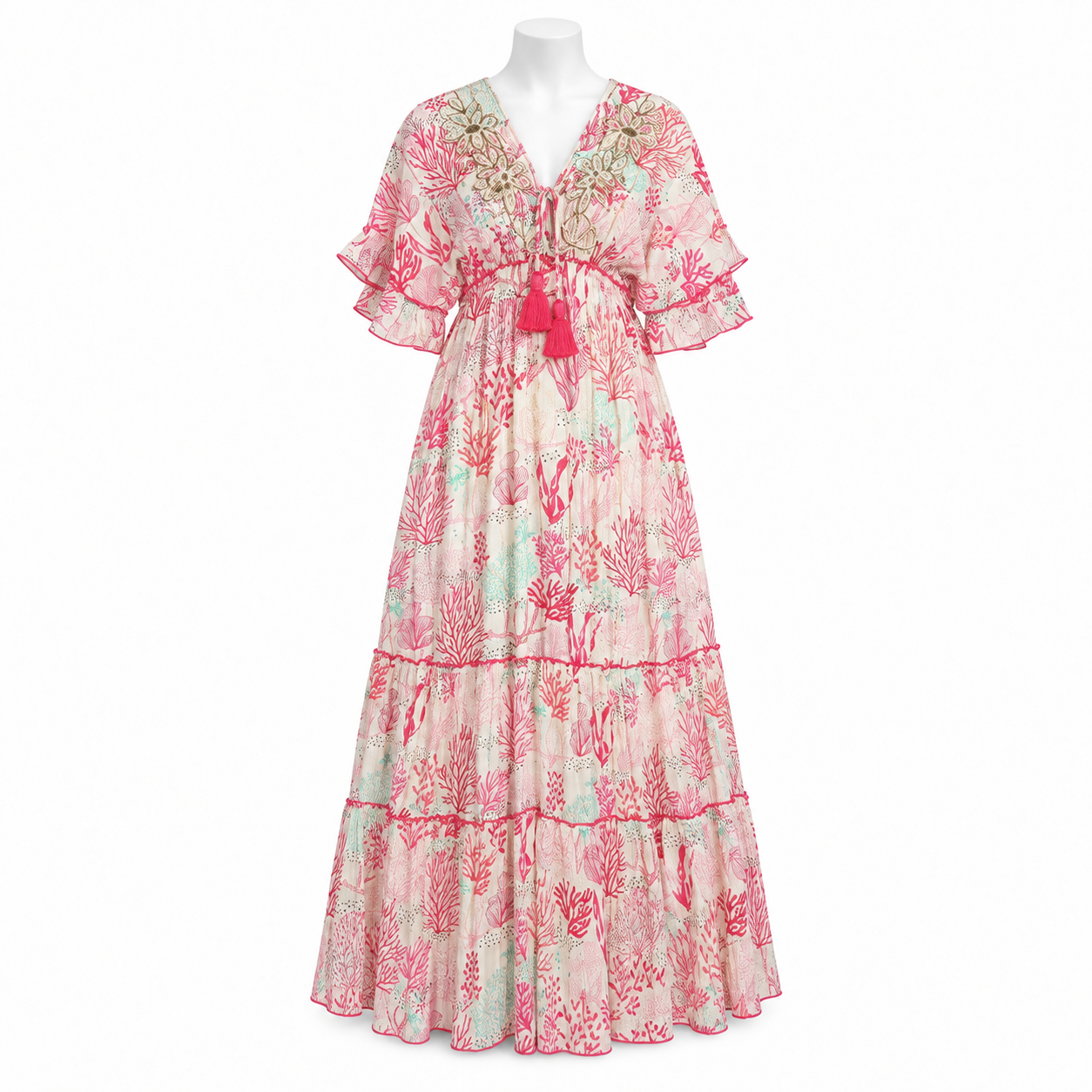 Style 11183 cream coral and mint long maxi dress on a white mannequin