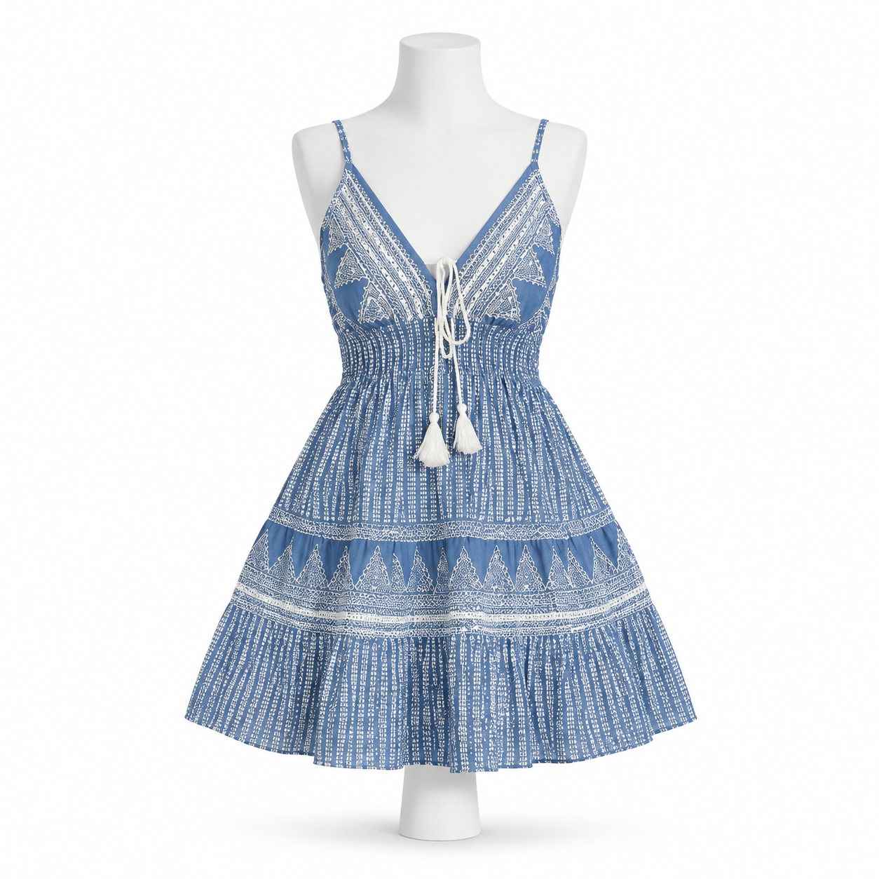 Style 11232 blue and white short dress on white mannequin