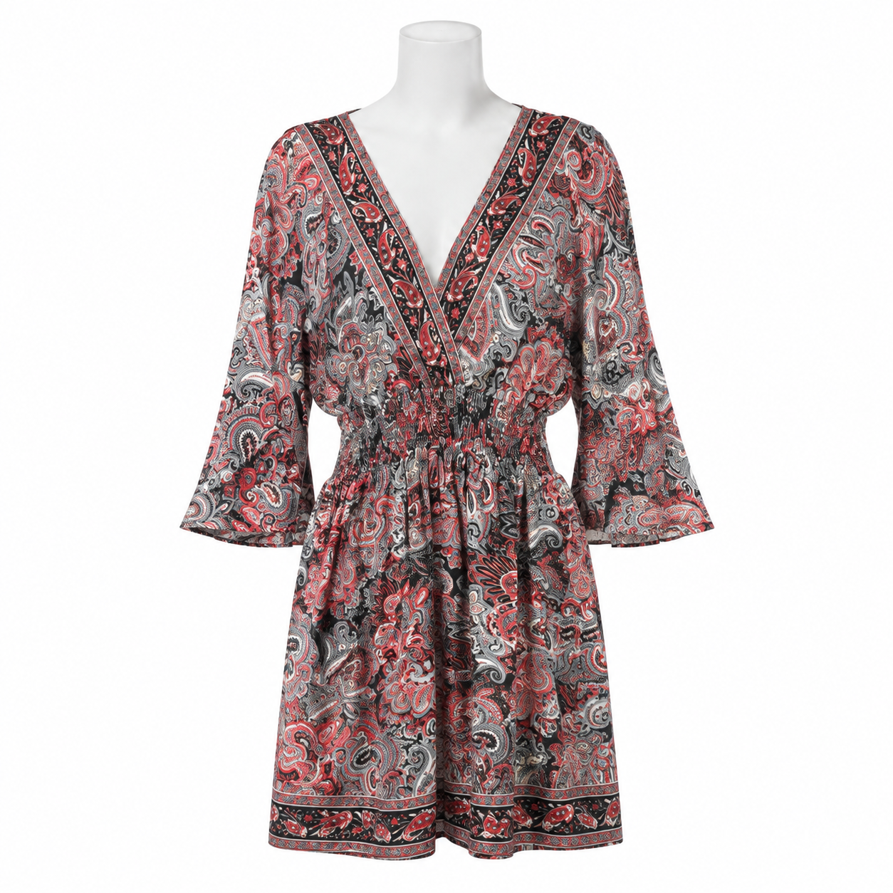 Style KW-1002 short black and red paisley dress with loose flowy sleeves on a white mannequin