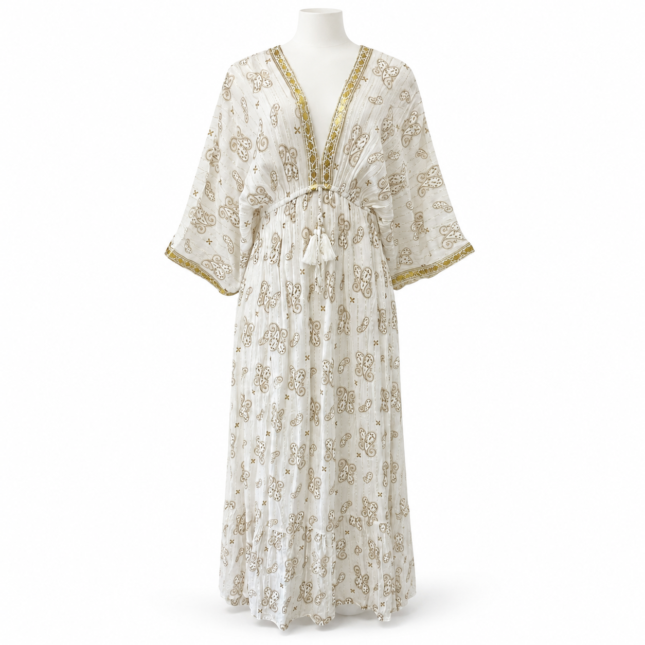 Style Z 120 White long paisley dress on a white headless mannequin