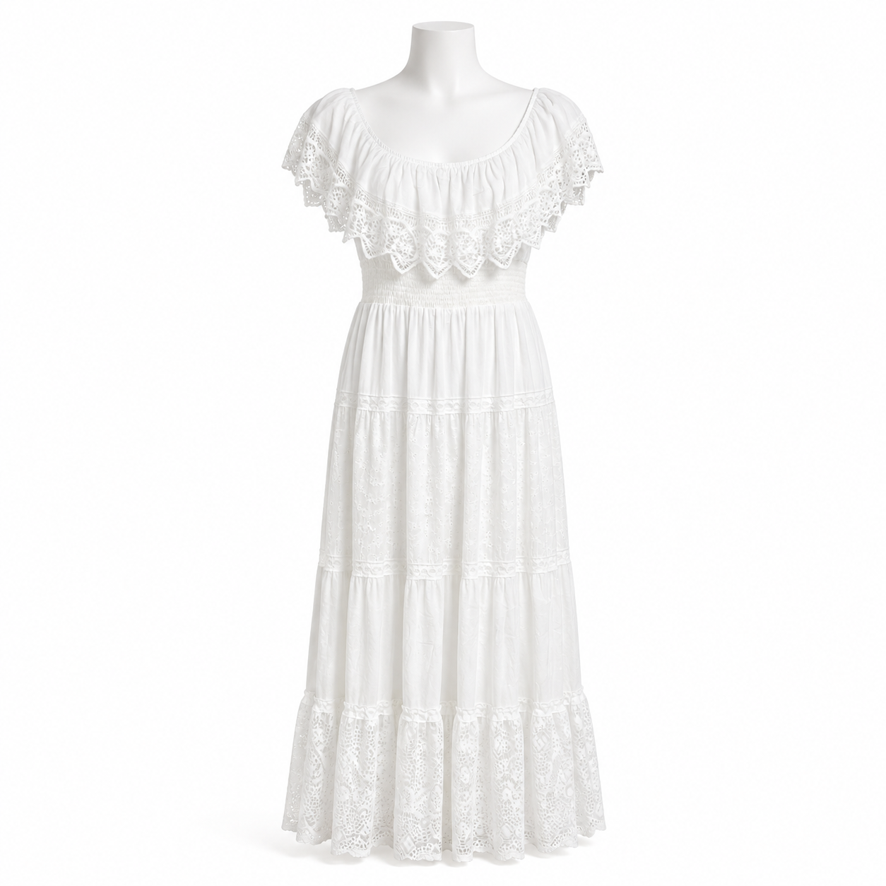 Style 10285 white lace maxi dress on a white mannequin