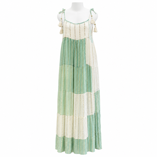 Style 10347 Mint and White long sleeveless dress on white mannequin