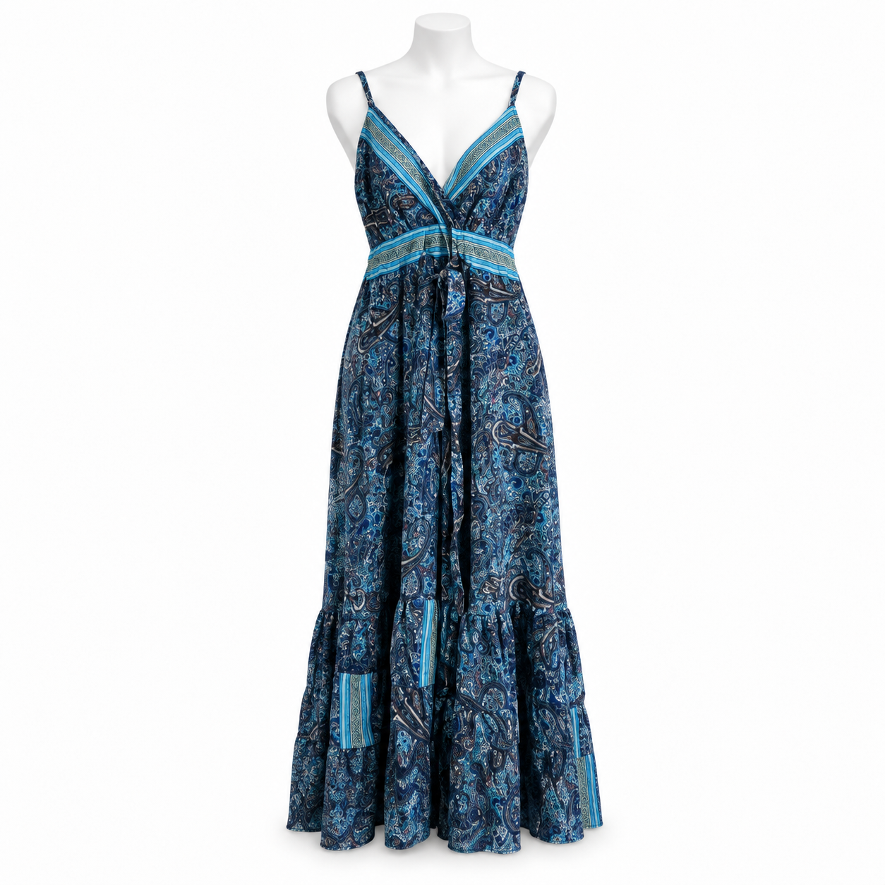 Style 10374 navy and turquoise long dress on a white mannequin