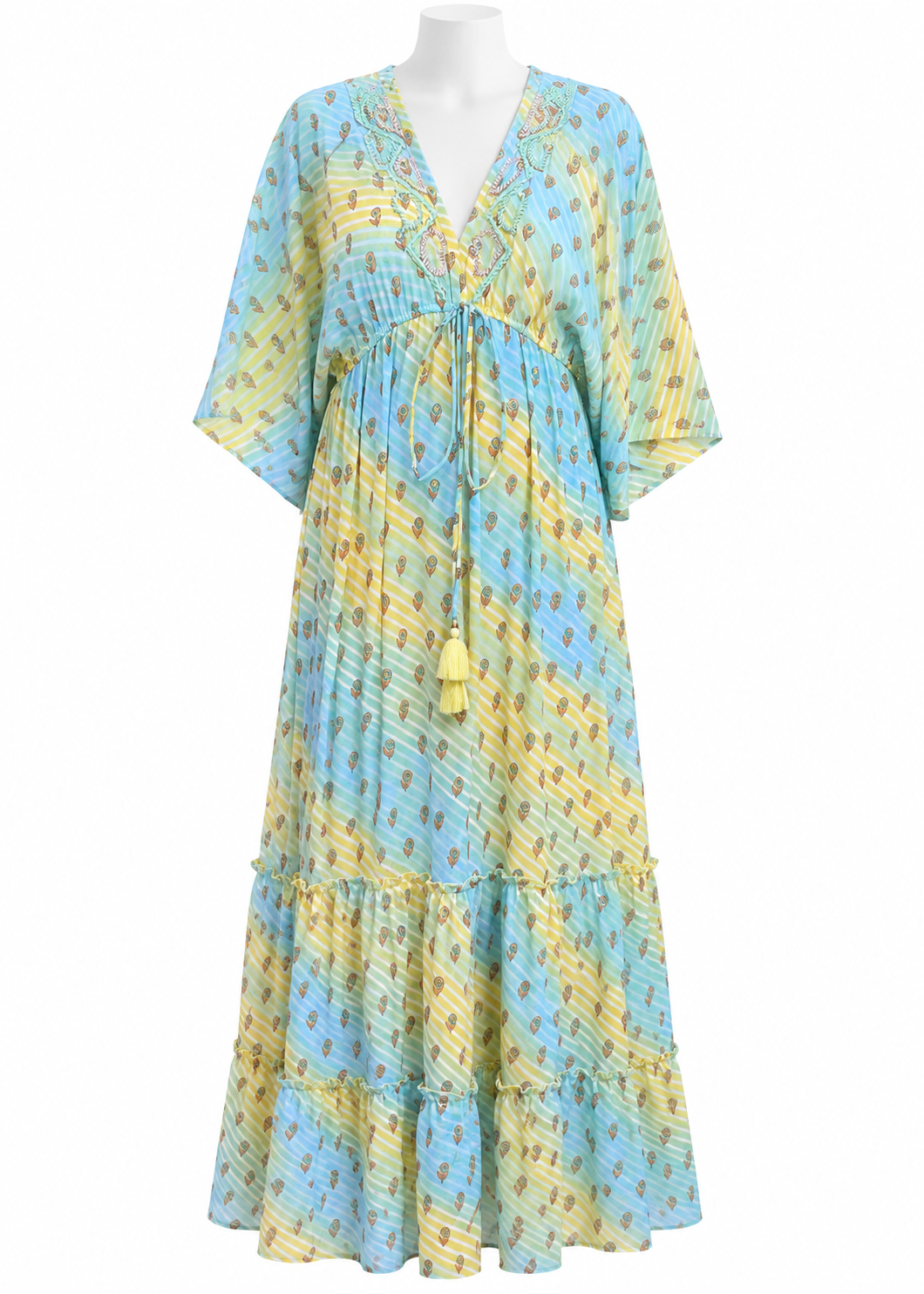 Style 10470 Aqua and Yellow maxi dress on white headless mannequin