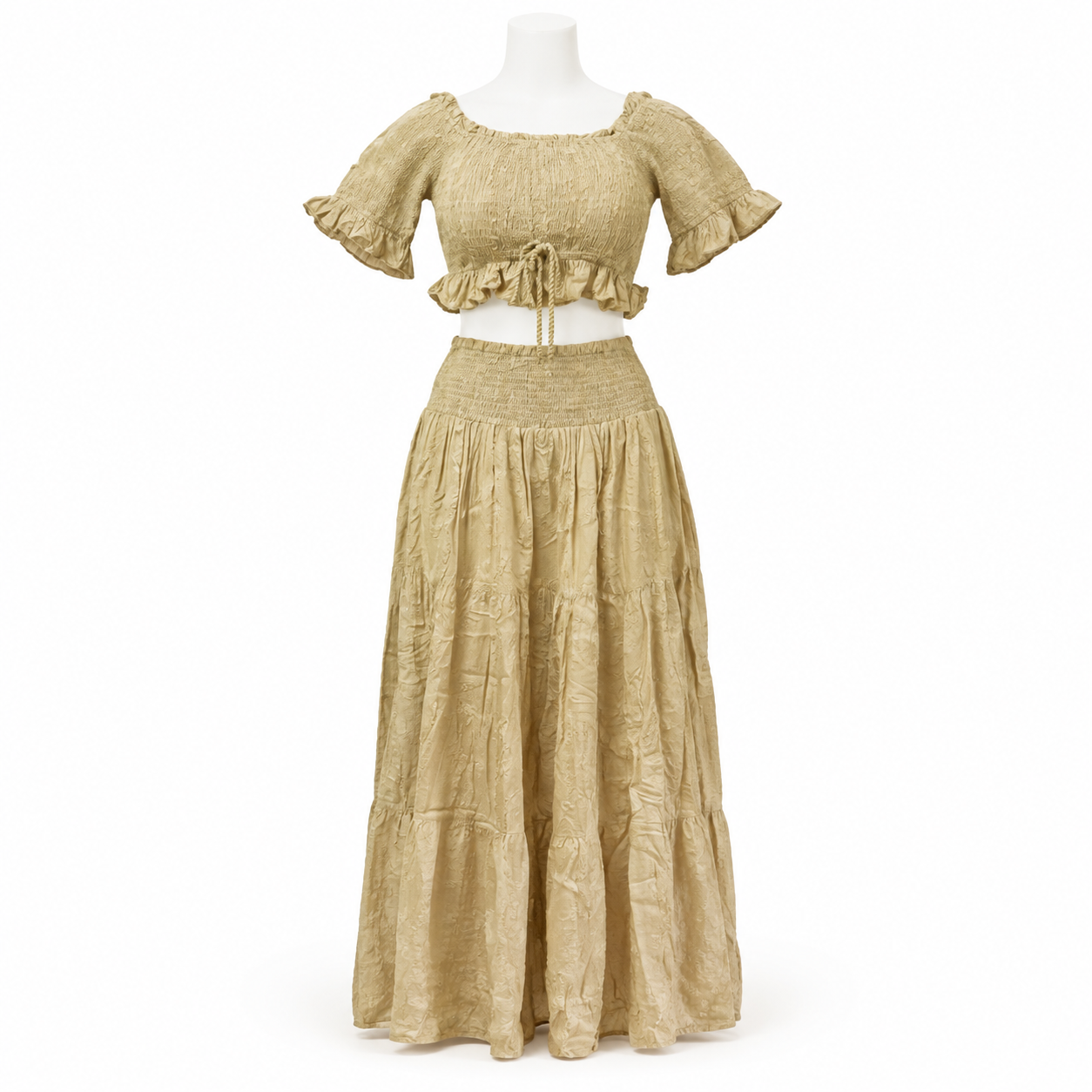Style 10580 Beige two-piece set on a white mannequin