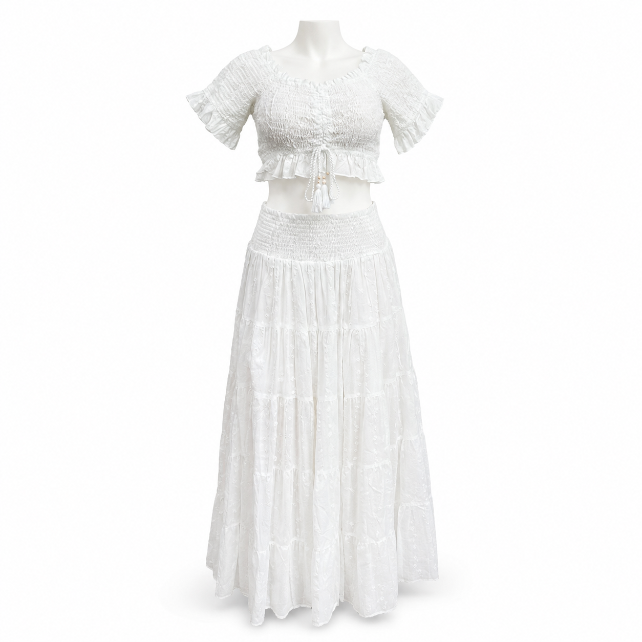Style 10580 White two-piece set on a white mannequin