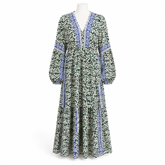 Style 10606 long green and blue printed dress on a white mannequin