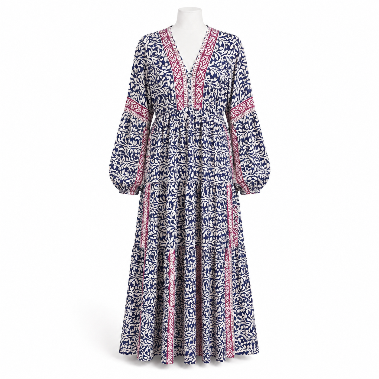 Style 10606 long navy and pink printed dress with loose flowy sleeves on a white mannequin