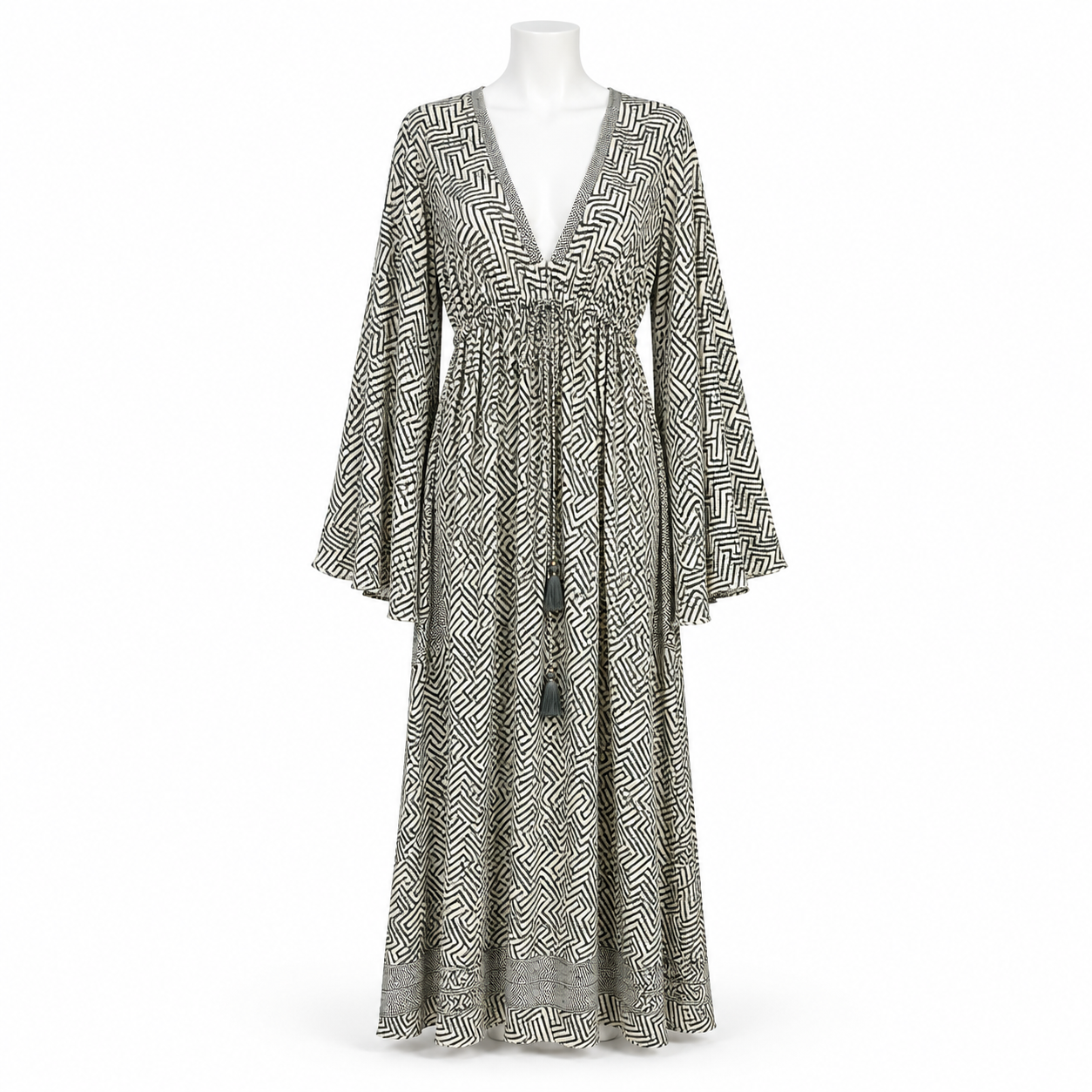 Style 10609 black and ivory geometric maxi dress on white headless mannequin