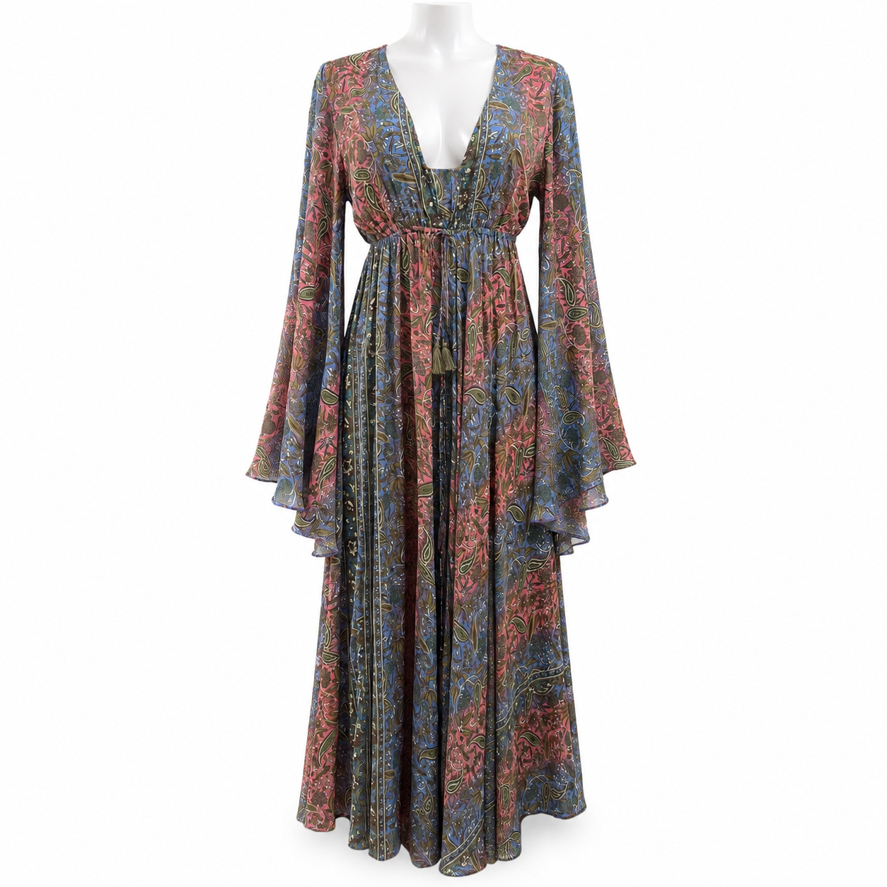 Style 10609 blue and pink paisley maxi dress on white headless mannequin