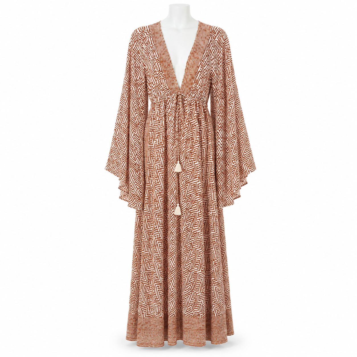 Style 10609 brown and ivory geometric maxi dress on white headless mannequin