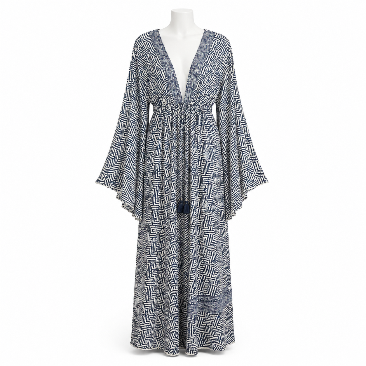 Style 10609 navy and ivory geometric maxi dress on white headless mannequin