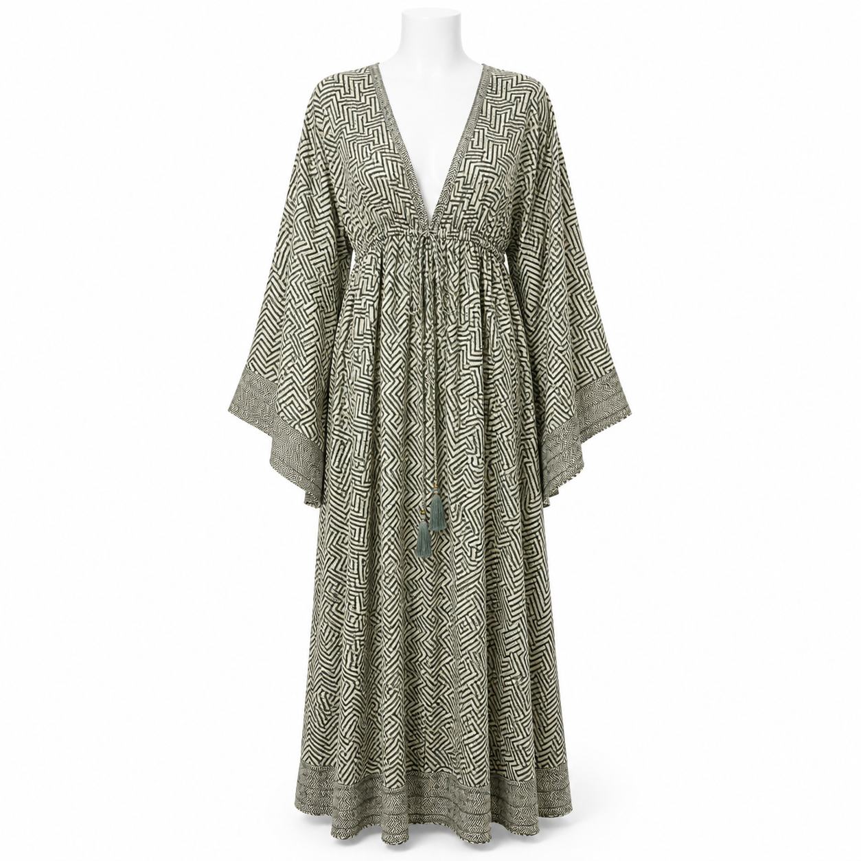 Style 10609 olive and ivory geometric maxi dress on white headless mannequin