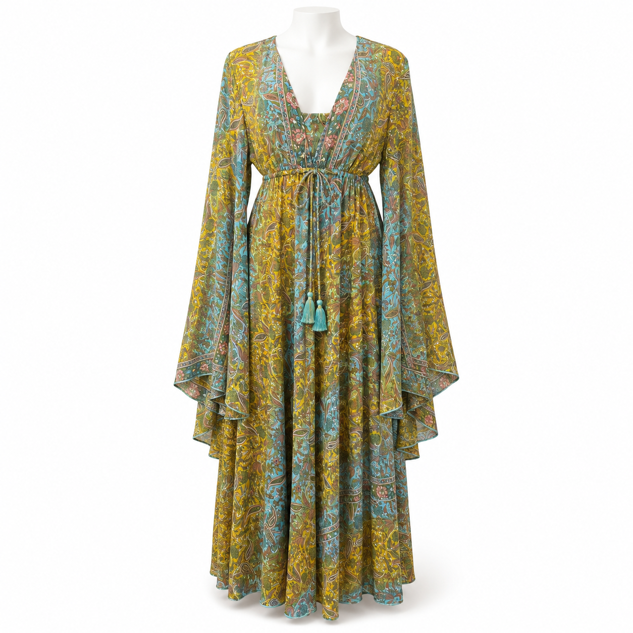 Style 10609 yellow and turquoise paisley maxi dress on white headless mannequin