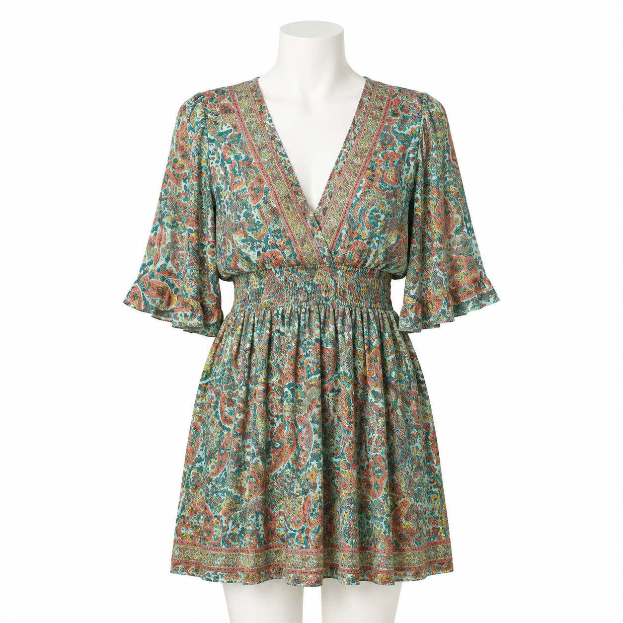 Style 10712 short teal and coral paisley dress on a white mannequin