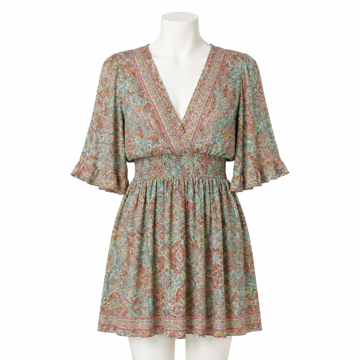 Style 10712 short turquoise paisley dress with loose flowy elbow-length sleeves on a white mannequin