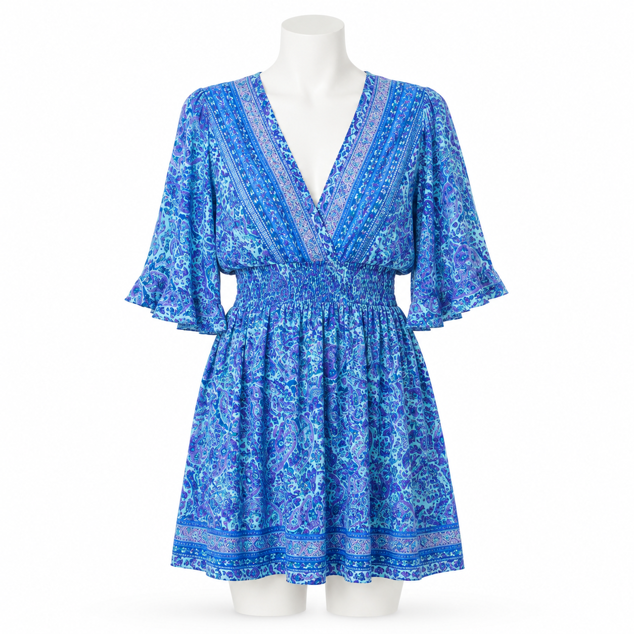Style 10712 short blue paisley dress with loose flowy elbow-length sleeves on a white mannequin