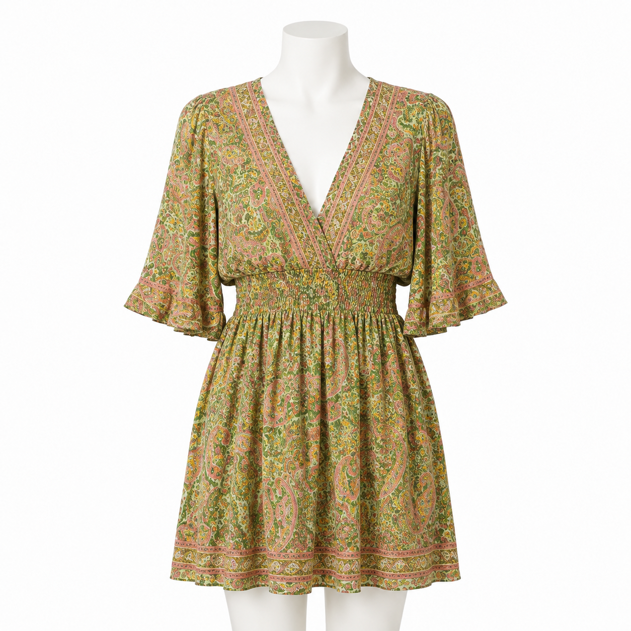 Style 10712 short green paisley dress with loose flowy elbow-length sleeves on a white mannequin