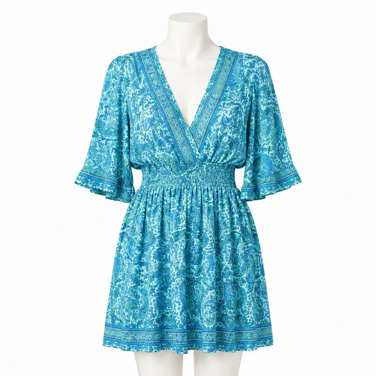 Style 10712 short aqua paisley dress with loose flowy elbow-length sleeves on a white mannequin