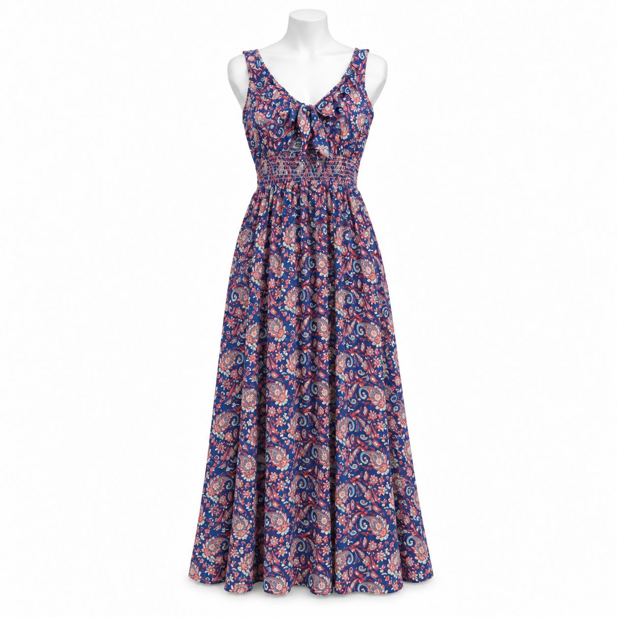 Style 10718 navy and coral long dress on a white mannequin