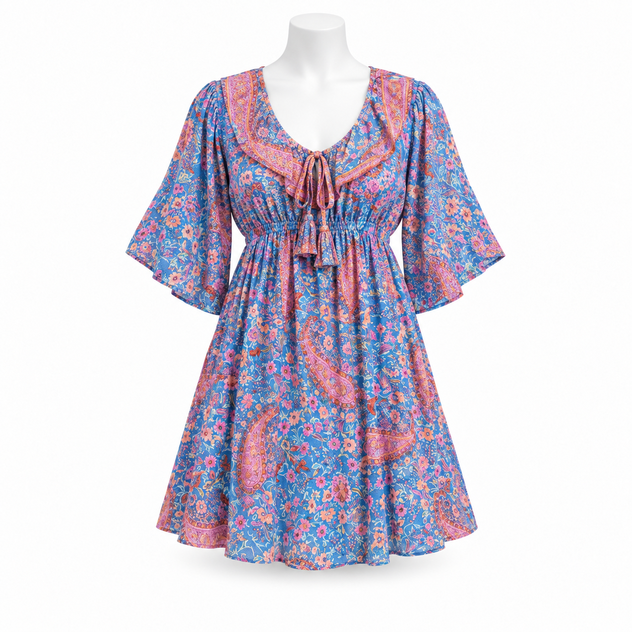 Style 10721 blue pink coral and aqua short dress on a white mannequin