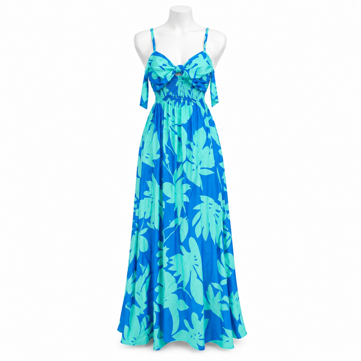 Style 10743 royal blue and turquoise long maxi dress on a white mannequin
