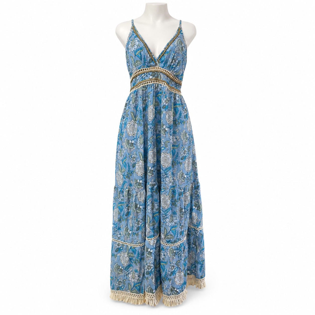 Style 10782 blue botanical maxi dress on white headless mannequin