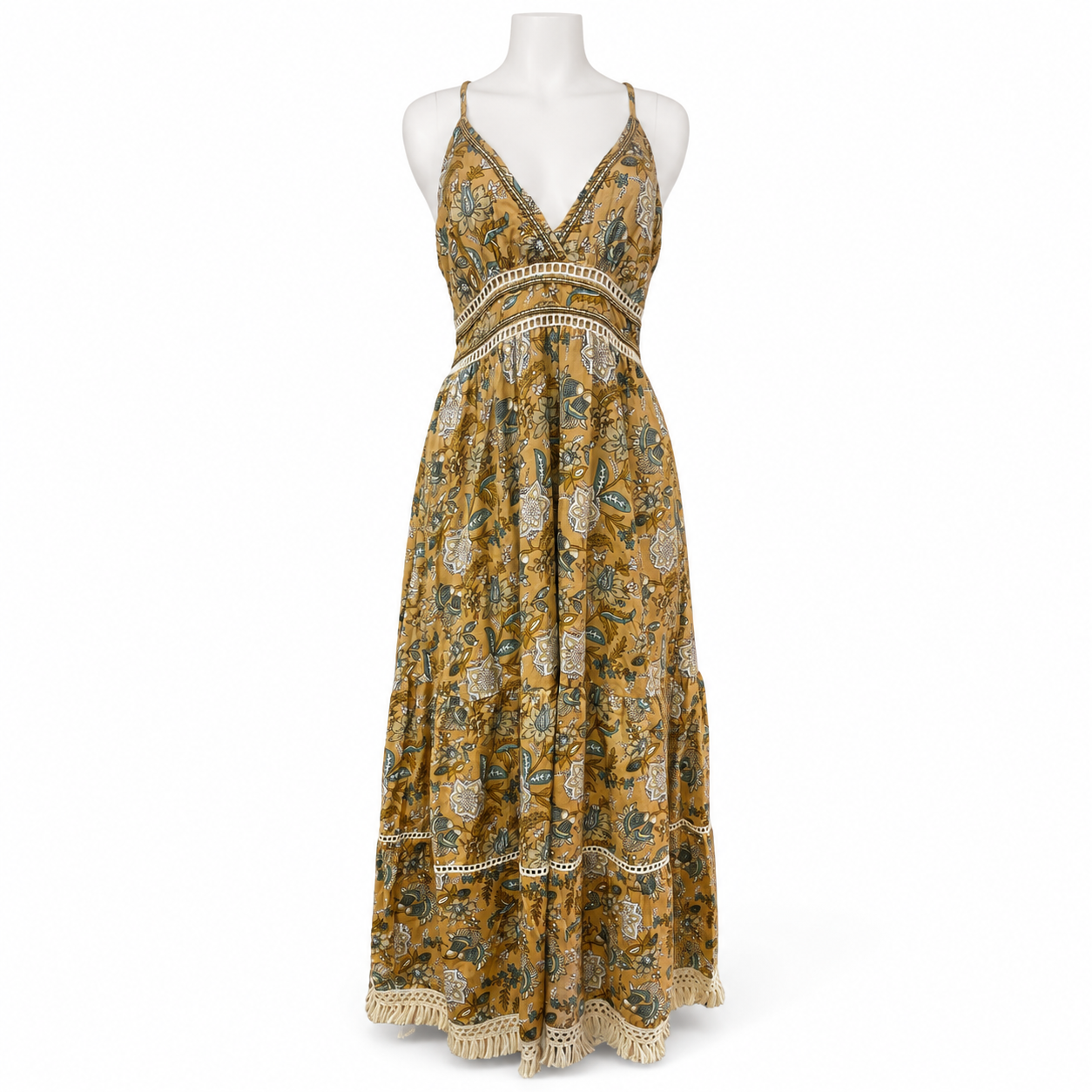 Style 10782 brown botanical maxi dress on white headless mannequin