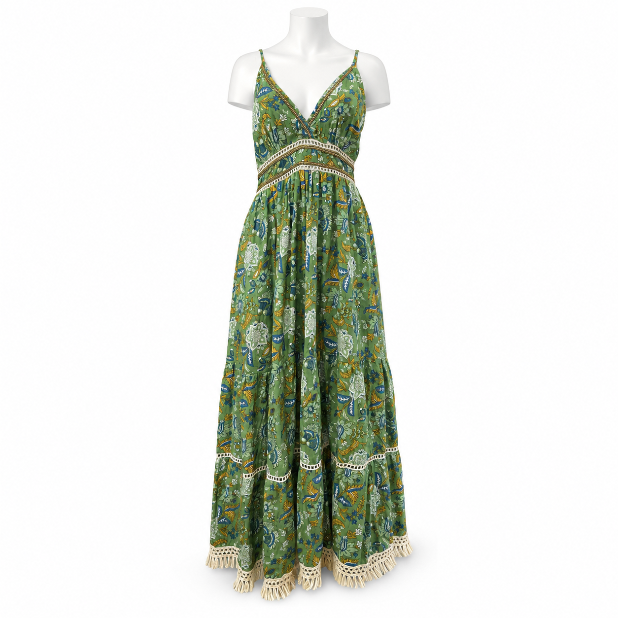 Style 10782 green botanical maxi dress on white headless mannequin