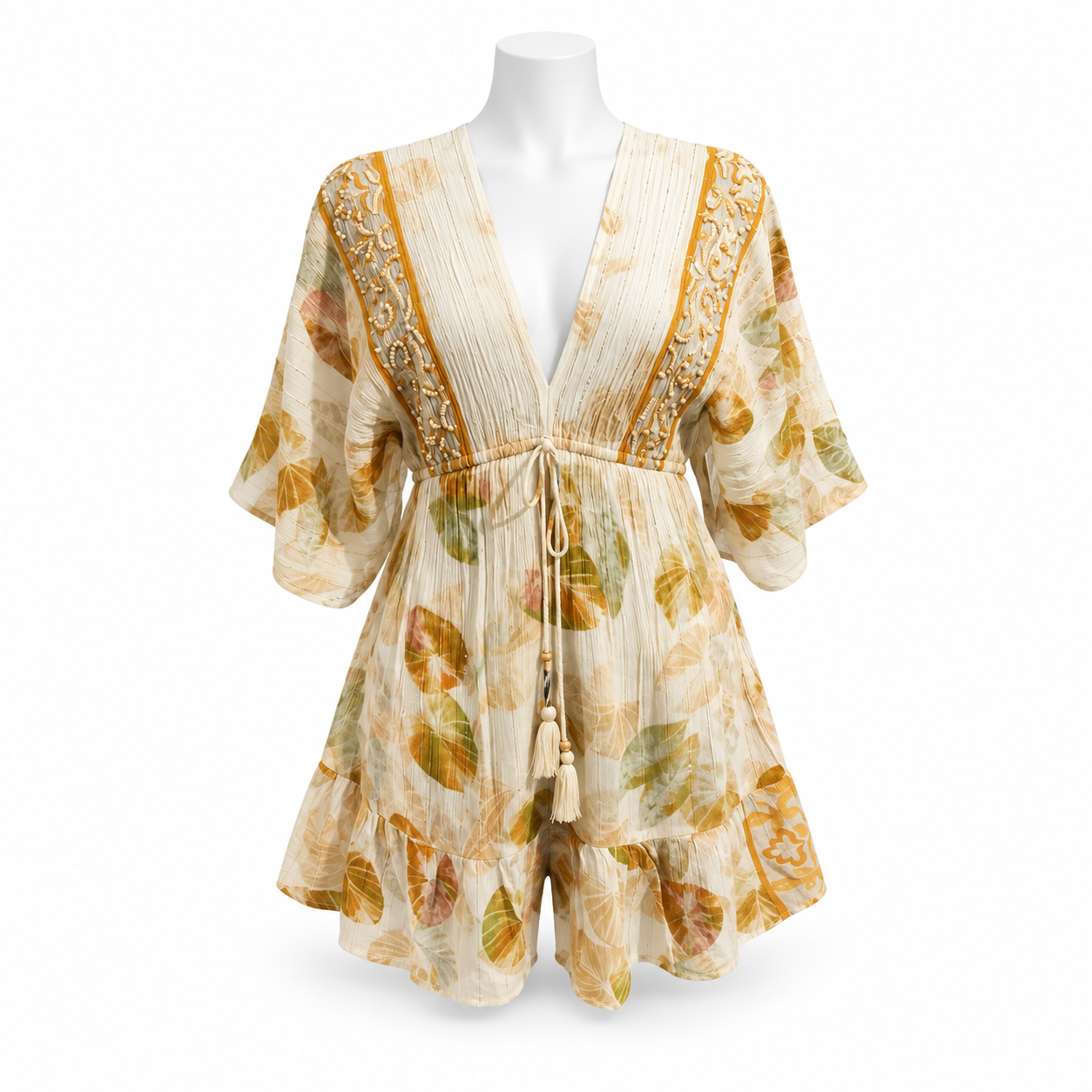 Style 10851 ivory ochre and olive short romper on a white mannequin