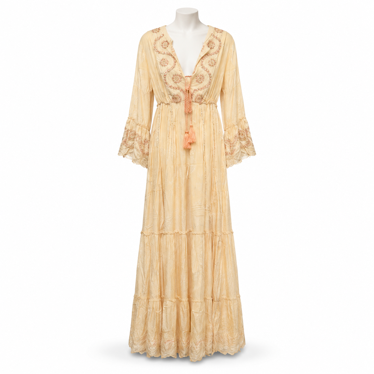 Style 10891 beige embroidered maxi dress on white mannequin