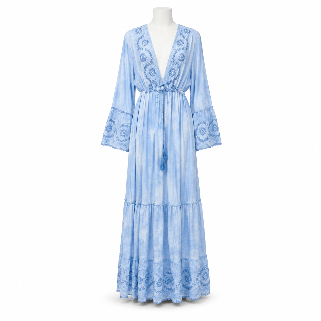 Style 10891 blue embroidered maxi dress on white mannequin