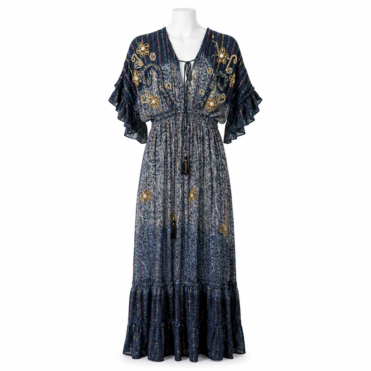 Style 11009 blue embroidered maxi dress on white headless mannequin