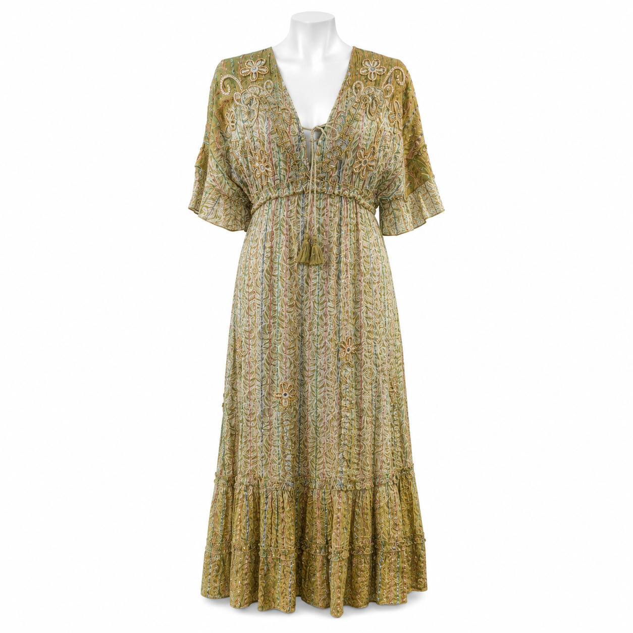 Style 11009 green embroidered maxi dress on white headless mannequin