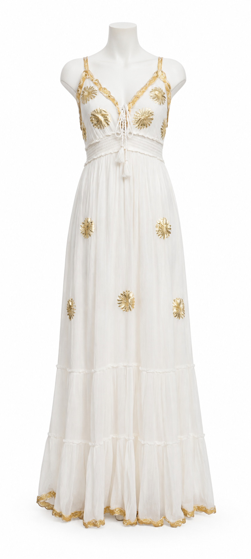 Style 11063 white and gold sleeveless long dress on white mannequin