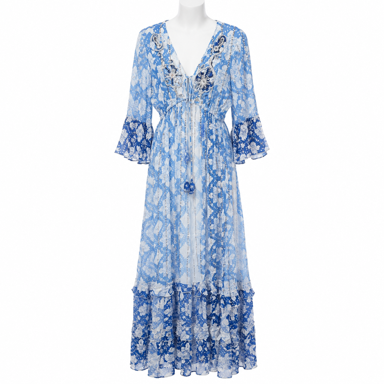 Style 11066 long blue printed dress on a white mannequin