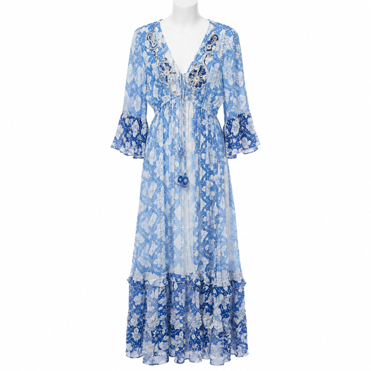 Style 11066 long blue printed dress on a white mannequin