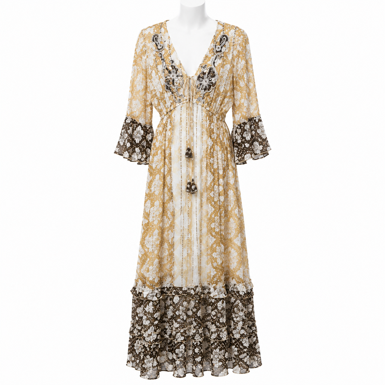 Style 11066 long Beige/Brown printed dress on a white mannequin