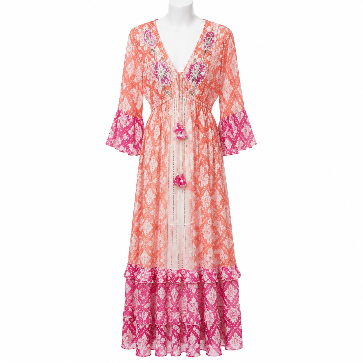 Style 11066 long Coral/Pink printed dress on a white mannequin
